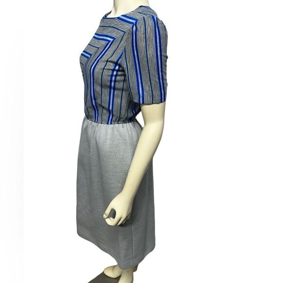 Vintage Leslie Fay Blue Gray Striped Short Sleeve Midi Dress Blouson Stretch - Picture 4 of 14